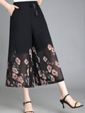 Floral Pattern Chiffon Cropped Wide Leg Pants, Casual Belted Pants For Spring & Fall, Women's Clothing