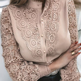 Women's Blouse Lace Crochet Lapel Button Flare Sleeve Elegant Top Blouse