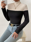 Ribbed Colorblock Mock Neck T-Shirt, Casual Long Sleeve Top For Spring & Fall, Women's Clothing