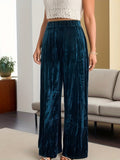 Solid Velvet Wide Leg Pants, Vintage Elastic High Waist Comfy Pants, Women's Clothing