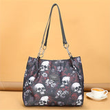 Large Capacity Punk Floral Skull Print Tote Bag - Stylish Single-Strap Shoulder Bag with Fixed Straps, Zipper Closure, Polyester Lining - Versatile Handbag for Daily Commute, Work, and Travel