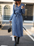 deanwangkt Blue Long Sleeves Denim Dress, Single Breasted Button With Waistband Lapel Denim Dress, Women's Denim Clothing