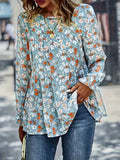 Floral Print Crew Neck Tiered Blouse, Casual Long Sleeve Blouse For Spring & Fall, Women's Clothing