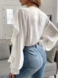 Ruffle Trim Solid Blouse, Sexy V Neck Button Front Long Sleeve Blouse, Women's Clothing