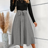 Houndstooth Print Splicing Dress, Elegant Mock Neck Long Sleeve Dress, Women's Clothing