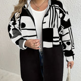 Plus Size Casual Coat, Women's Plus Colorblock Geometric Print Long Sleeve Hooded Zipper Coat