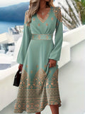 Ethnic Graphic Print Dress, Elegant V Neck Long Sleeve Dress, Women's Clothing