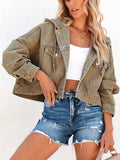 Plain Drawstring Hooded Denim Jackets, Long Sleeves Flap Pockets Cropped Denim Coats, Women's Denim Clothing