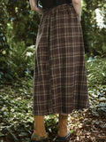 deanwangkt-1 Plaid Print Flared Skirt, Vintage Drawstring Waist Midi Skirt For Spring & Fall, Women's Clothing