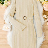 Teen Girls Rib Knitted Warm Bodycon Sweater Dress With Belt