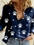 Paw Print Button Front Shirt, Casual Long Sleeve Shirt For Spring & Fall, Women's Clothing