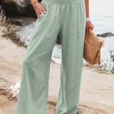 Minimalist Solid Elastic Waist Wide Leg Pants, Casual Loose Pants For Spring & Summer, Women's Clothing