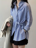 Striped Print Split Shirt, Casual Button Front Long Sleeve Shirt, Women's Clothing