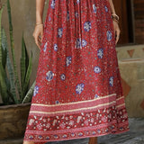 Floral Print Drawstring Waist Skirt, Boho Skirt For Spring & Summer, Women's Clothing