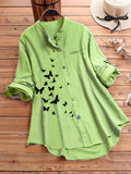 Plus Size Casual Shirt, Women's Plus Butterfly Print Roll Up Sleeve Stand Collar Button Up Blouse