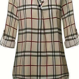 Plaid Print Notch Neck Blouse, Casual Long Sleeve Blouse For Spring & Fall, Women's Clothing