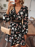 Floral Print Surplice Neck Dress, Elegant Long Sleeve A Line Dress, Women's Clothing