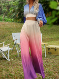 Holiday Color Block Two-piece Set, Lace Up Crop Top & Wide Leg Pants Outfits, Women's Clothing