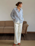 Striped Button Front Shirt, Elegant Long Sleeve Lapel Shirt, Women's Clothing