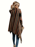 Striped Open Front Knit Shawl Cardigan, Elegant Tassel Trim Asymmetrical Mid Length Stylish Sweater, Women's Clothing