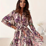 Floral Print Ruffle Hem Dress, Casual Button Front Long Sleeve Dress, Women's Clothing