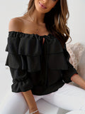 Ruffle Trim Layered Blouse, Sexy Off Shoulder Solid Blouse, Women's Clothing