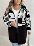 Plus Size Casual Coat, Women's Plus Colorblock Geometric Print Long Sleeve Hooded Zipper Coat