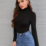 Solid Turtleneck Skinny T-Shirt, Versatile Long Sleeve T-Shirt For Spring & Fall, Women's Clothing