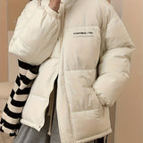 Zip Up Letter Print Puffy Coat, Long Sleeve Slant Pockets Outwear For Winter, Women's Clothing