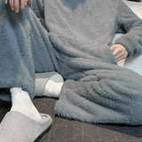 Men's Simple Style Solid Casual Pajamas Sets, Warm Flannel Lounge Wear, Long Sleeve Hoodies Pullover Top & Loose Pants