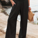 Minimalist Solid Elastic Waist Wide Leg Pants, Casual Loose Pants For Spring & Summer, Women's Clothing