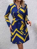 Geo Print Notched Neck Dress, Elegant Long Sleeve Above Knee Dress, Women's Clothing