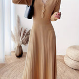 Button Front Solid Midi Dress, Elegant V Neck Long Sleeve Dress, Women's Clothing