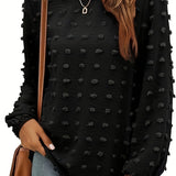 Plus Size Casual Top, Women's Plus Solid Swiss Dot Lantern Sleeve Round Neck Tunic Top