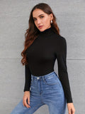 Solid Turtleneck Skinny T-Shirt, Versatile Long Sleeve T-Shirt For Spring & Fall, Women's Clothing