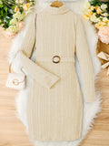 Teen Girls Rib Knitted Warm Bodycon Sweater Dress With Belt