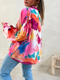 Plus Size Casual Blouse, Women's Plus Colorblock Random Print Button Up Lantern Sleeve V Neck Blouse