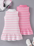 2pcs Adorable Striped Fitted Sleeveless Dress for Girls - Lapel Collar, Knee-High Length, Ruffle Hem, Polyester Material, Loose Silhouette, Perfect for Summer Party and Holiday - Casual and Comfortable