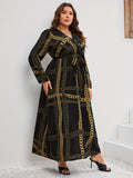 Plus Size Elegant Dress, Women's Plus Chian Print Long Sleeve Surplice Neck Slight Stretch Maxi Dress With Belt