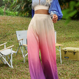 Holiday Color Block Two-piece Set, Lace Up Crop Top & Wide Leg Pants Outfits, Women's Clothing