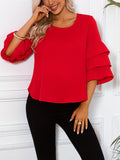 Solid Layered Flare Sleeve Blouse, Versatile Crew Neck Blouse For Spring & Fall, Women's Clothing