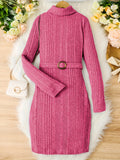 Teen Girls Rib Knitted Warm Bodycon Sweater Dress With Belt