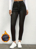 Fleece Liner Slimming Skinny Jeans, Slant Pockets Mid-Stretch Whiskering Tight Jeans, Women's Denim Jeans & Clothing