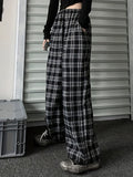 Plus Size Casual Pants, Women's Plus Plaid Print Elastic High Rise Wide Leg Trousers With Pockets