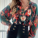 Plus Size Casual Blouse, Women's Plus Tie Dye Lantern Sleeve Lapel Collar Shirt Top