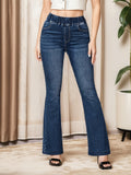 Elastic Waist Washed Bootcut Jeans, High Stretch High Waist Casual Denim Pants, Women's Denim Jeans & Clothing