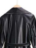 Longline Faux Leather Coat, Elegant Black Lapel Belted Coat For Fall & Winter, Women's Clothing