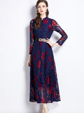 Floral Print Contrast Lace Dress, Elegant Button Front Party Maxi Dress, Women's Clothing