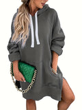 Solid Kangaroo Pocket Long Length Hoodie, Casual Long Sleeve Drawstring Hoodies Sweatshirt, Women's Clothing