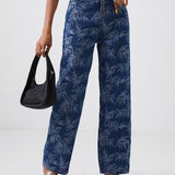 Leaf Print Chic Straight Jeans, Loose Fit Non-Stretch High Waist Denim Pants, Women's Denim Jeans & Clothing